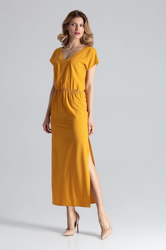 Love Lace Love Lace Women's Light Airy Long V Neck Dress with Slit in Yellow - 3