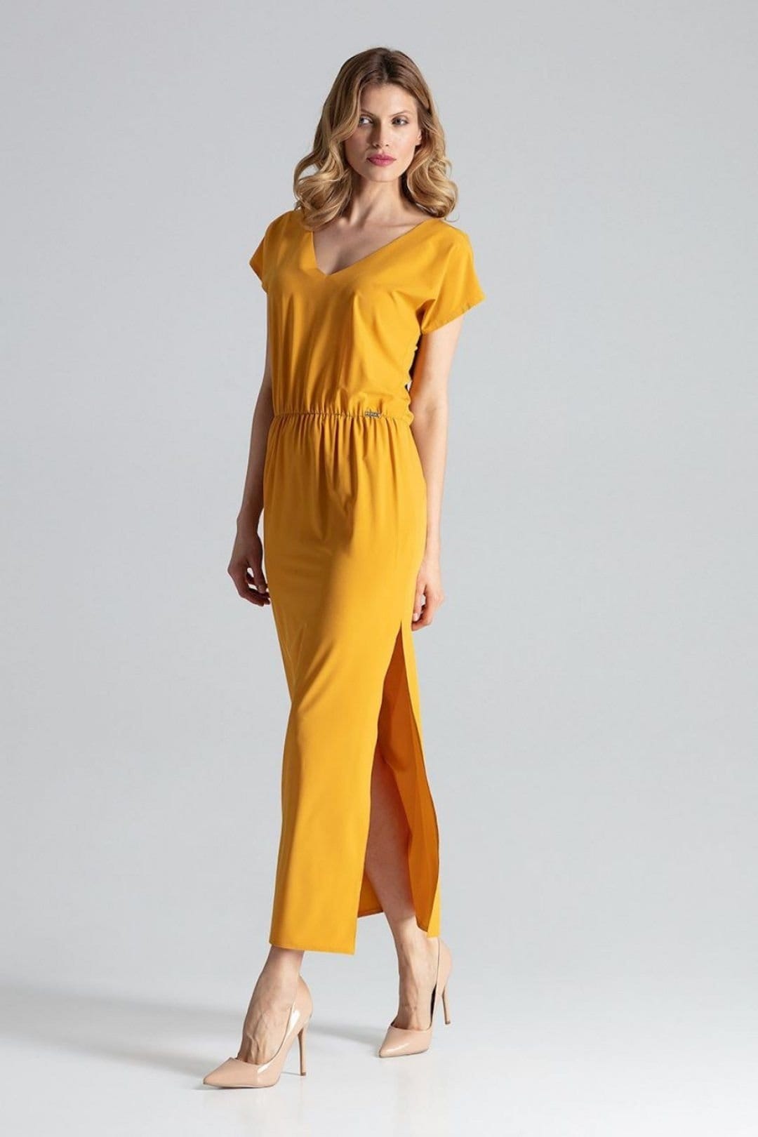 Love Lace Love Lace Women's Light Airy Long V Neck Dress with Slit in Yellow - 4