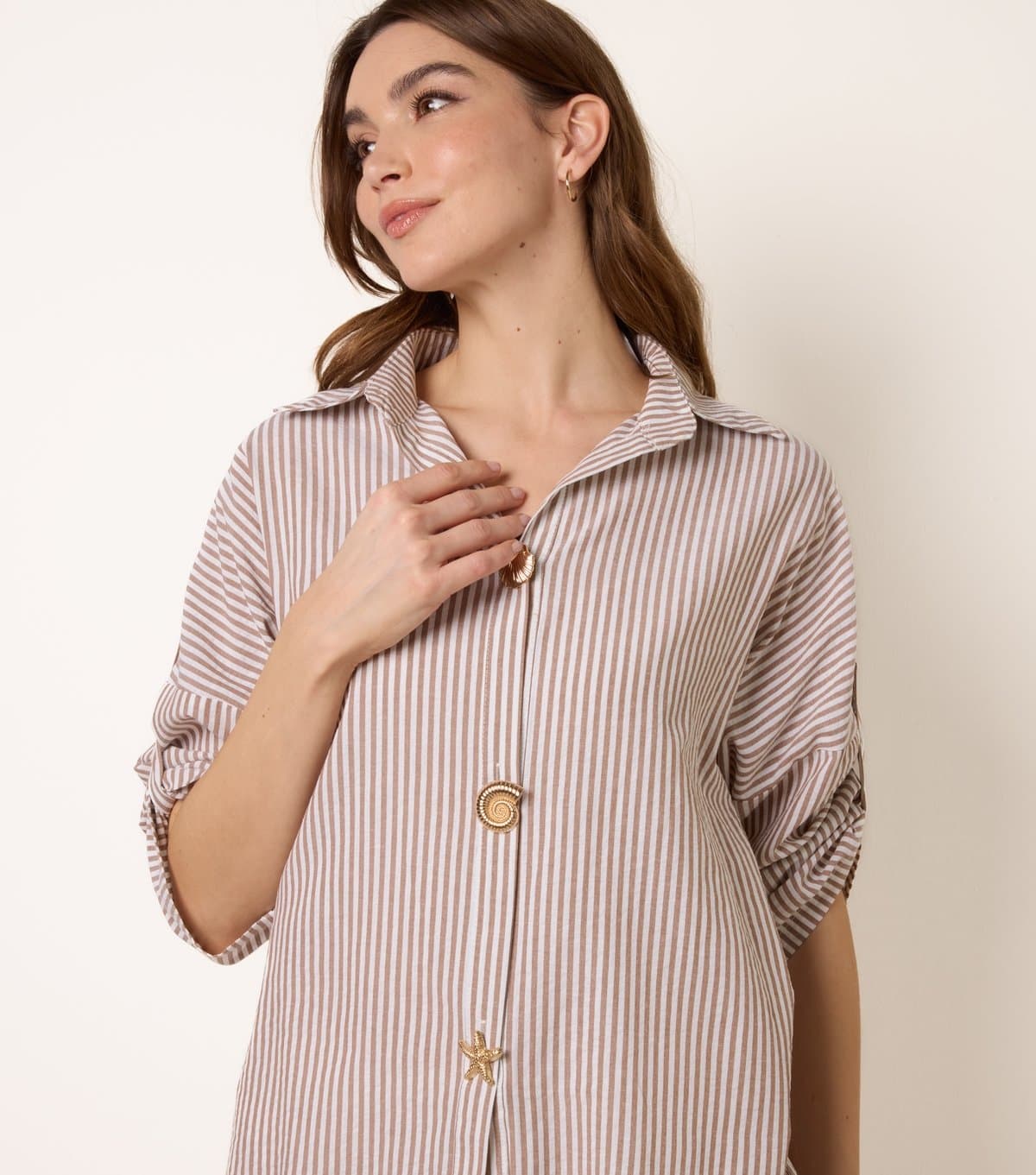 Blue Vanilla Women's Oatmeal Striped Seashell Button Shirt Blue Vanilla New Look