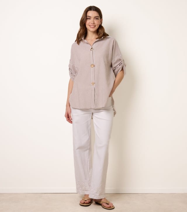 Blue Vanilla Women's Oatmeal Striped Seashell Button Shirt Blue Vanilla New Look - 2