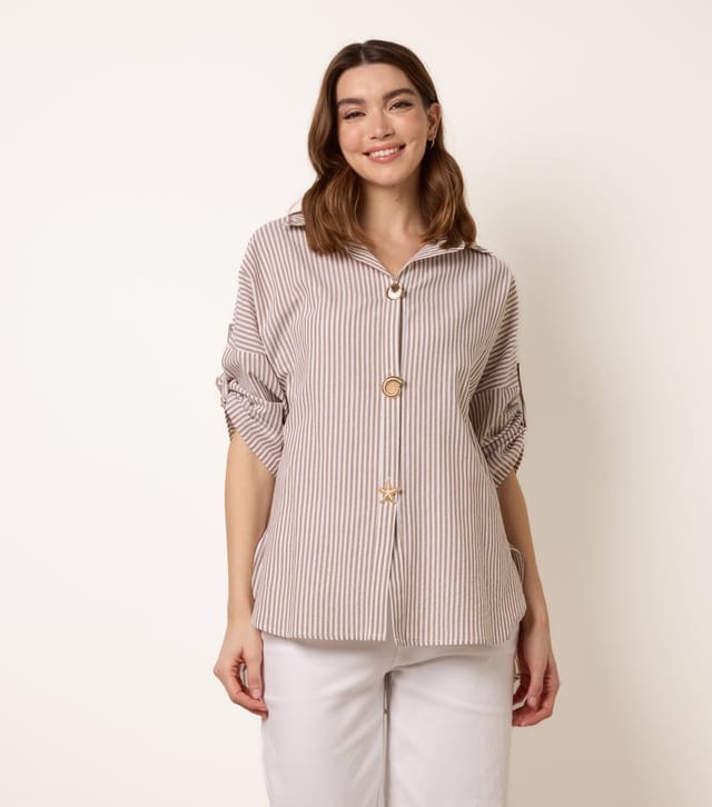 Blue Vanilla Women's Oatmeal Striped Seashell Button Shirt Blue Vanilla New Look - 3