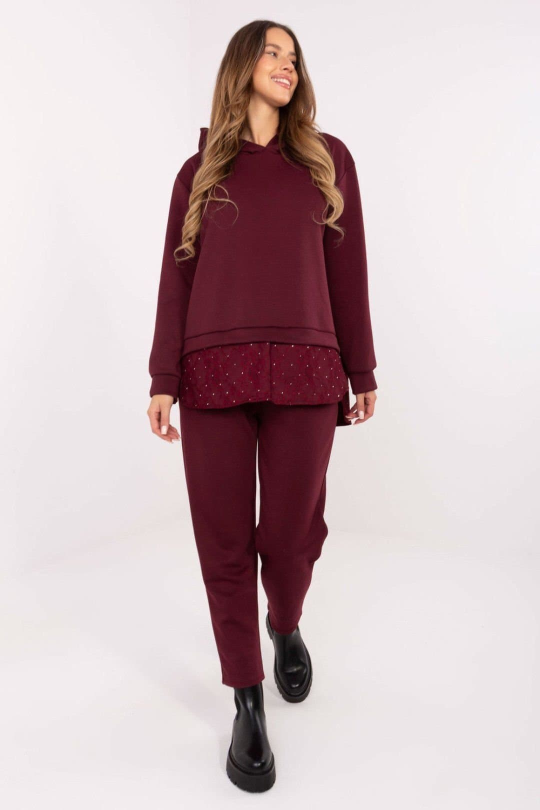 Love Lace Love Lace Women's Lace Back Jet Stone Hoodie Jogger Set in Burgundy