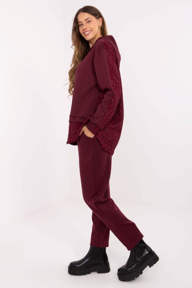 Love Lace Love Lace Women's Lace Back Jet Stone Hoodie Jogger Set in Burgundy - 2