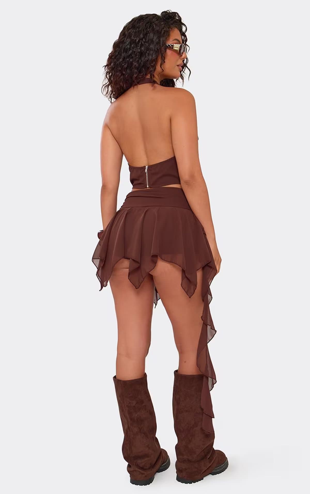 EGO Low Waist Drape Detail Hanky Hem Mini Skirt In Brown, Women's Size UK 6