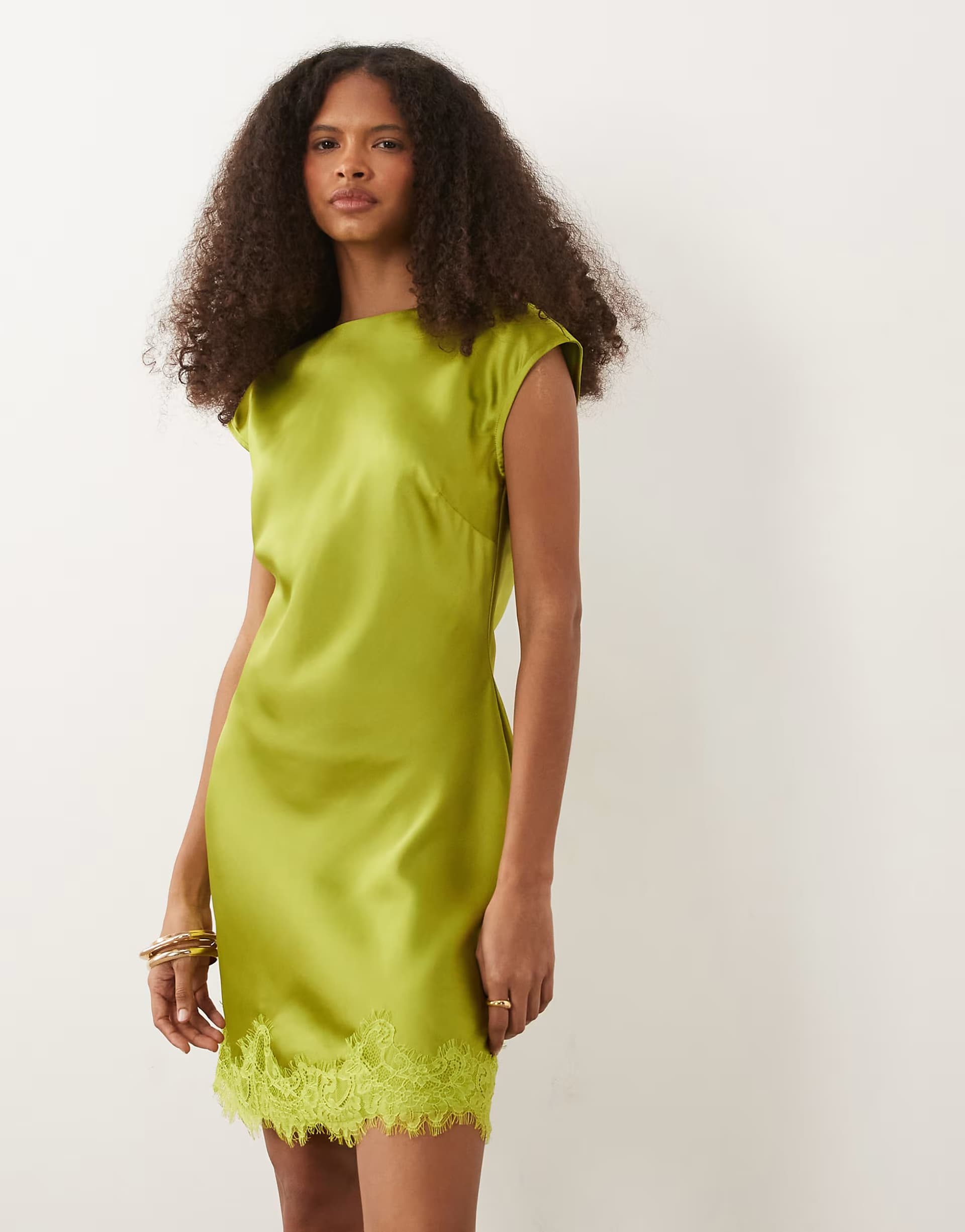 ASOS ASOS DESIGN slash neck satin mini dress with lace hem in green
