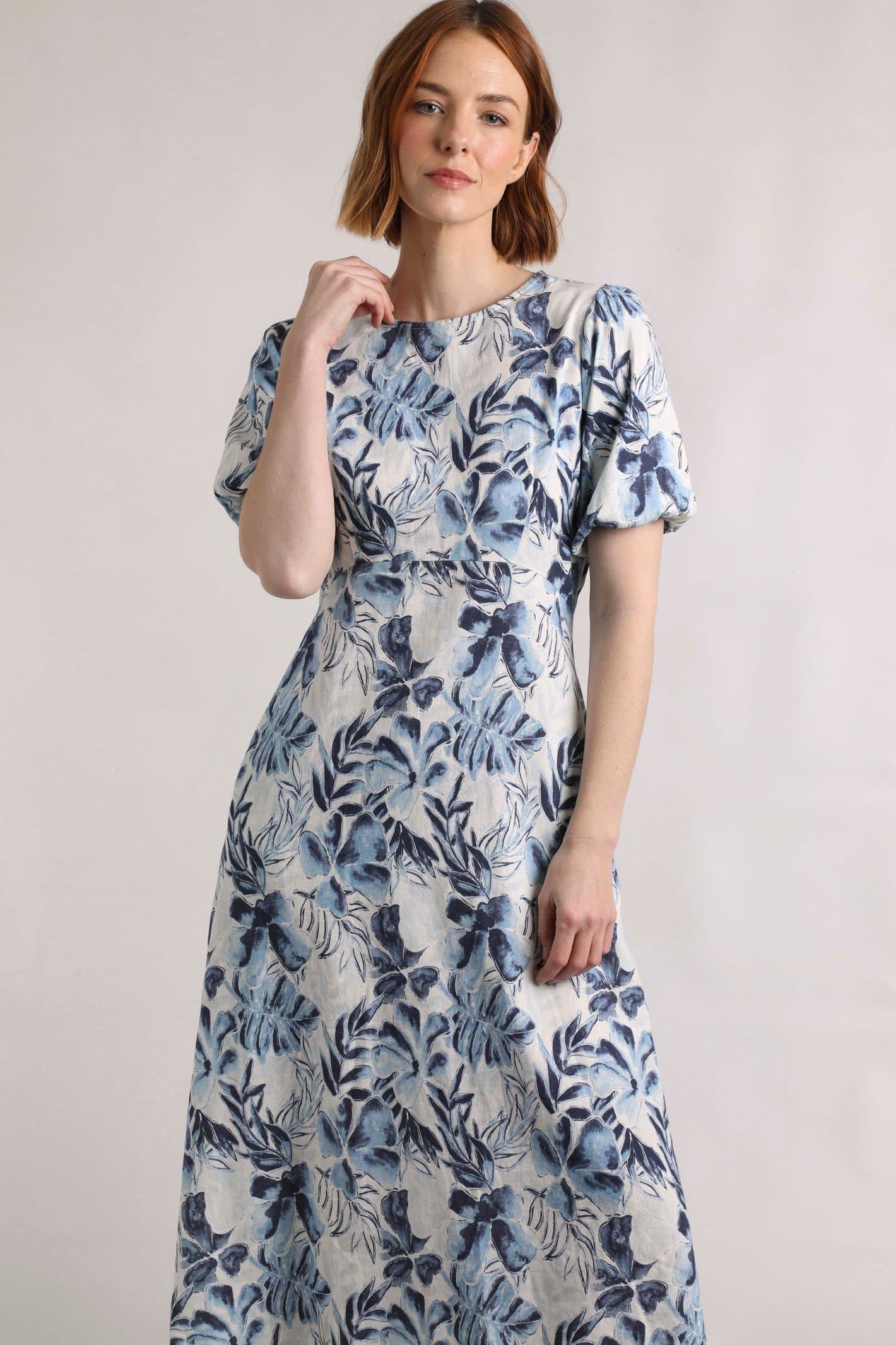 Weird Fish Weird Fish Women's Delanie Linen Rich Printed Tea Dress in Blue