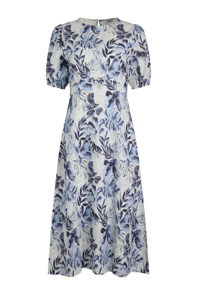 Weird Fish Weird Fish Women's Delanie Linen Rich Printed Tea Dress in Blue - 2