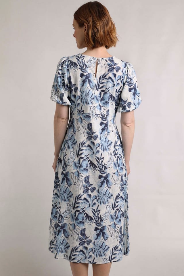 Weird Fish Weird Fish Women's Delanie Linen Rich Printed Tea Dress in Blue - 3