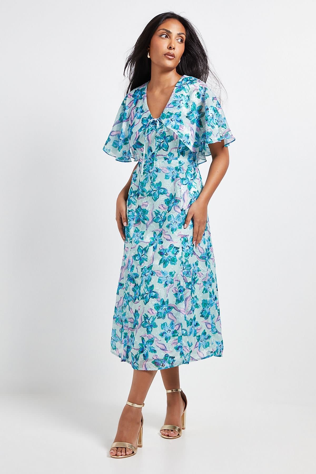Wallis Wallis Women's Petite Floral Burn Out Cape Sleeve Midi Dress in Mint