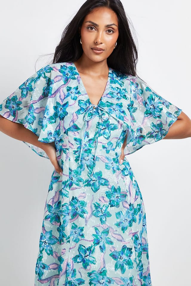 Wallis Wallis Women's Petite Floral Burn Out Cape Sleeve Midi Dress in Mint - 2