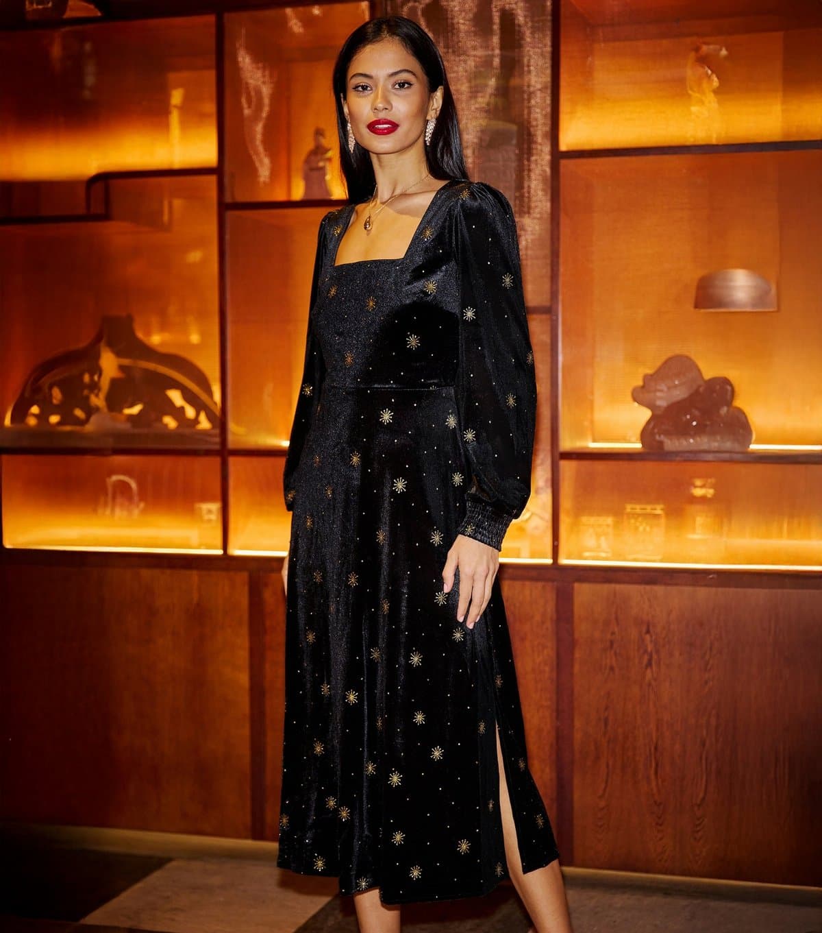 Yumi Women's Velvet Black Gold Foil Midi Dress Yumi New Look