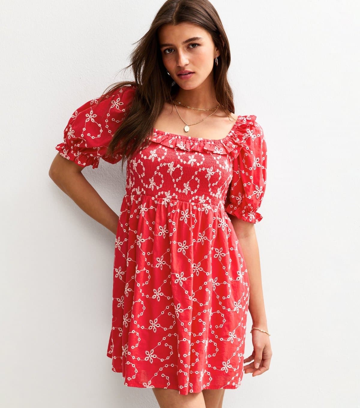 New Look Women's Bright Red Broderie Embroidered Milkmaid Mini Dress New Look