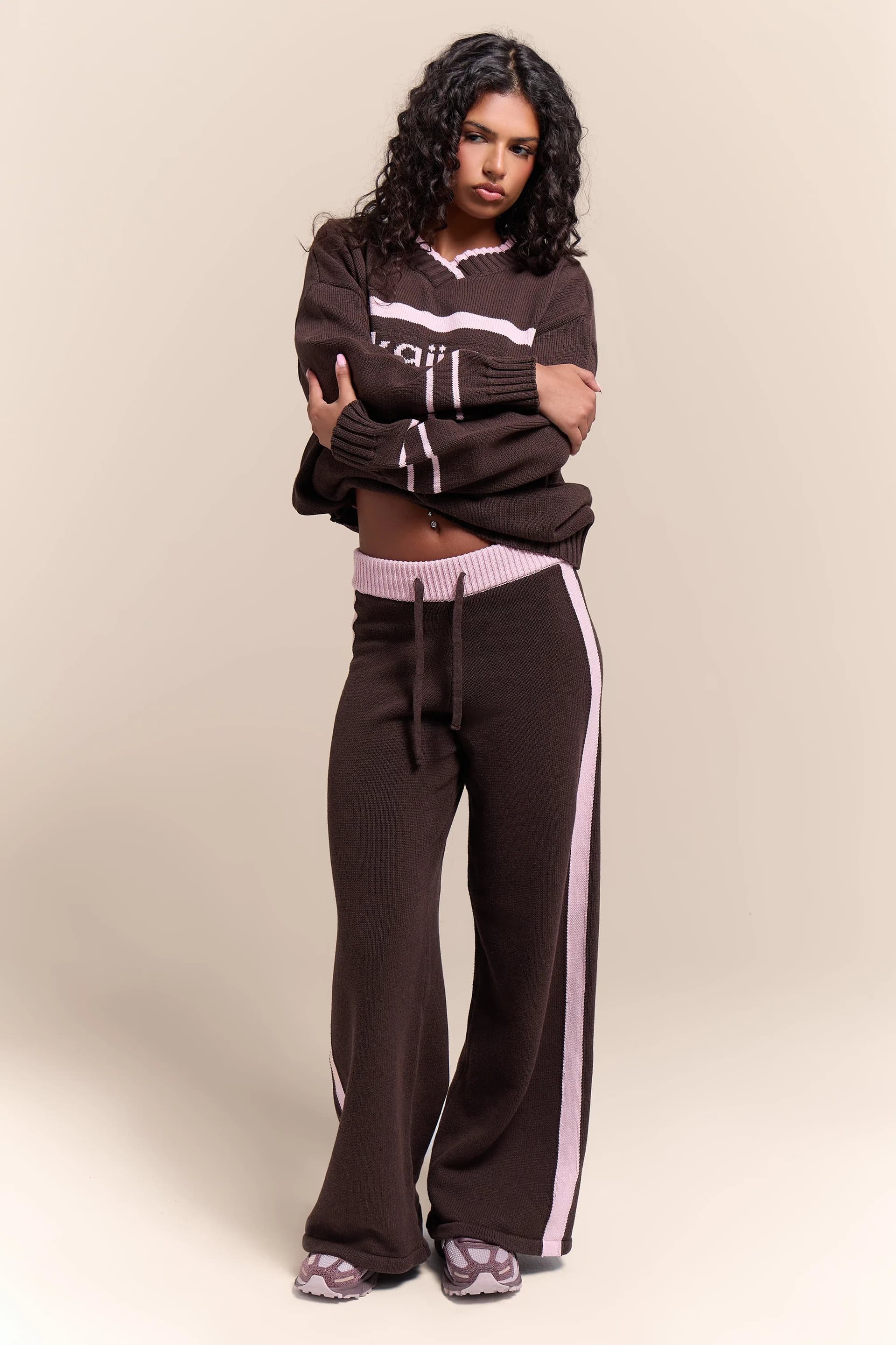 Kaiia Kaiia Knit Side Stripe Wide Leg Trousers Chocolate & Pink