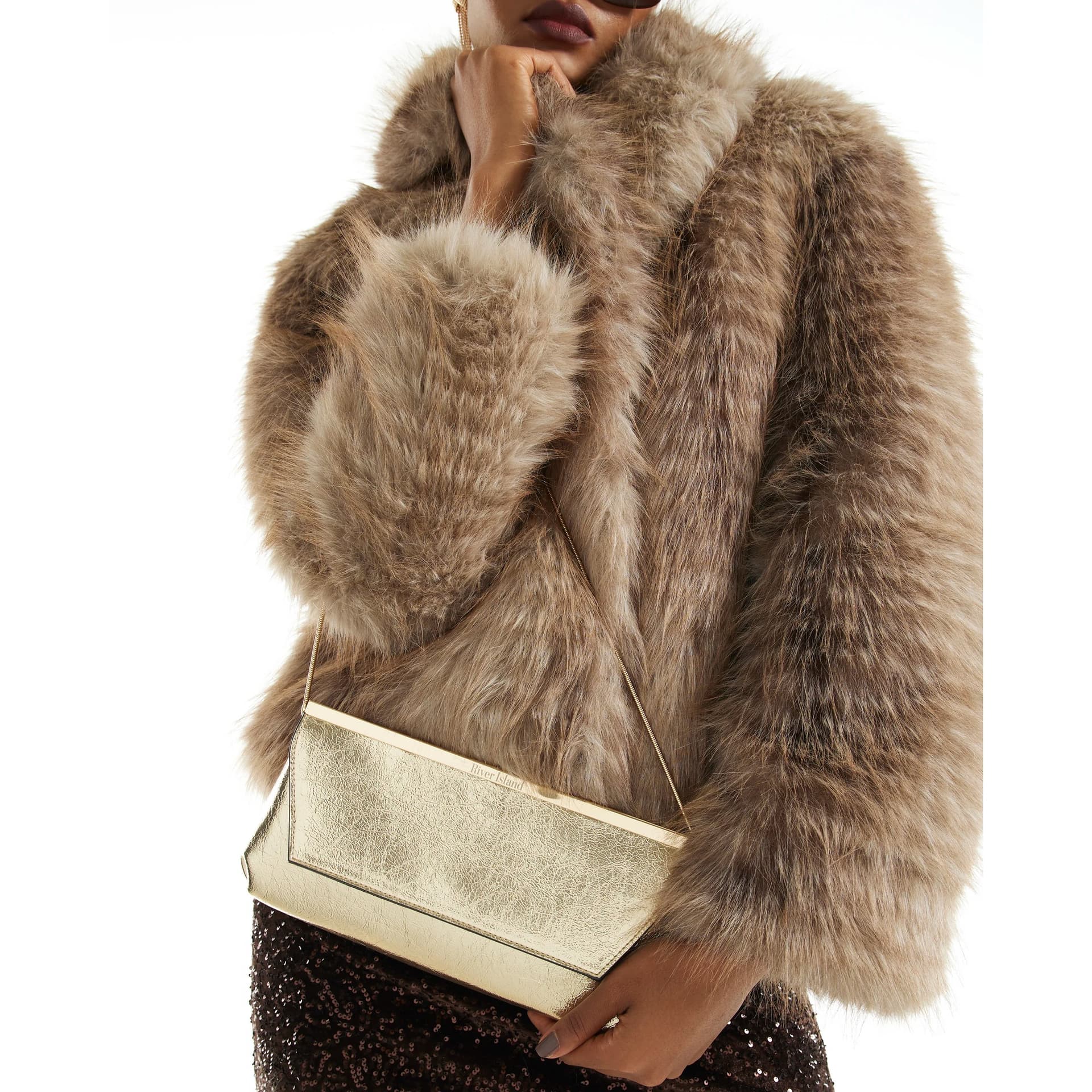 River Island River Island Womens Gold Metal Bar Top Flap Clutch Bag