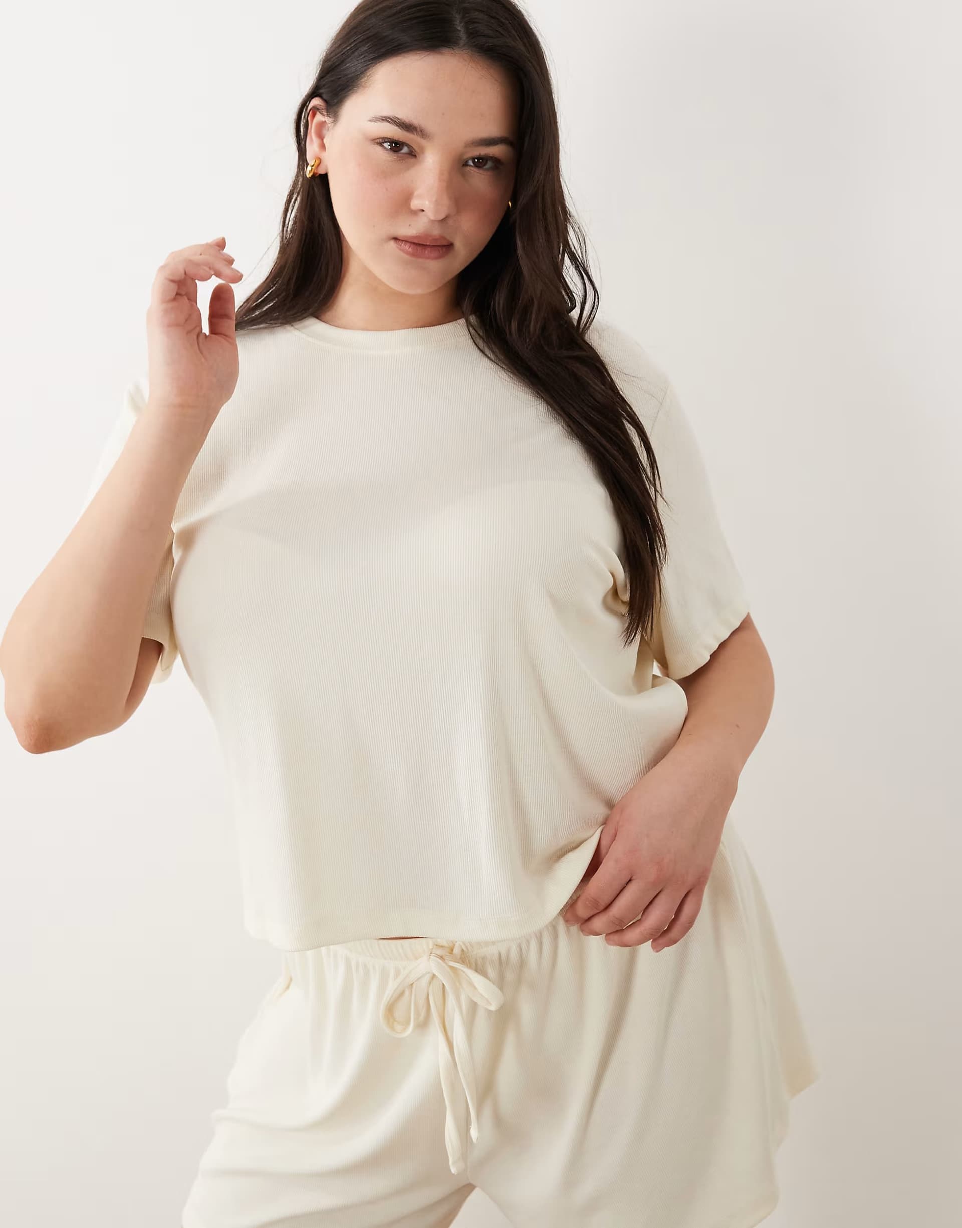 ASOS ASOS DESIGN Curve mix & match rib  oversized pyjama tee with side splits in ivory