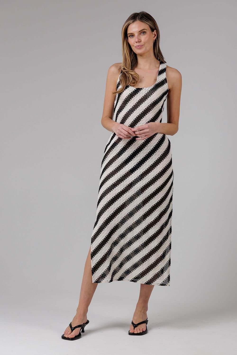 French Connection French Connection Women's Cotton Blend Stripe Crochet Scoop Neck Tie Back Midi Dress in Black