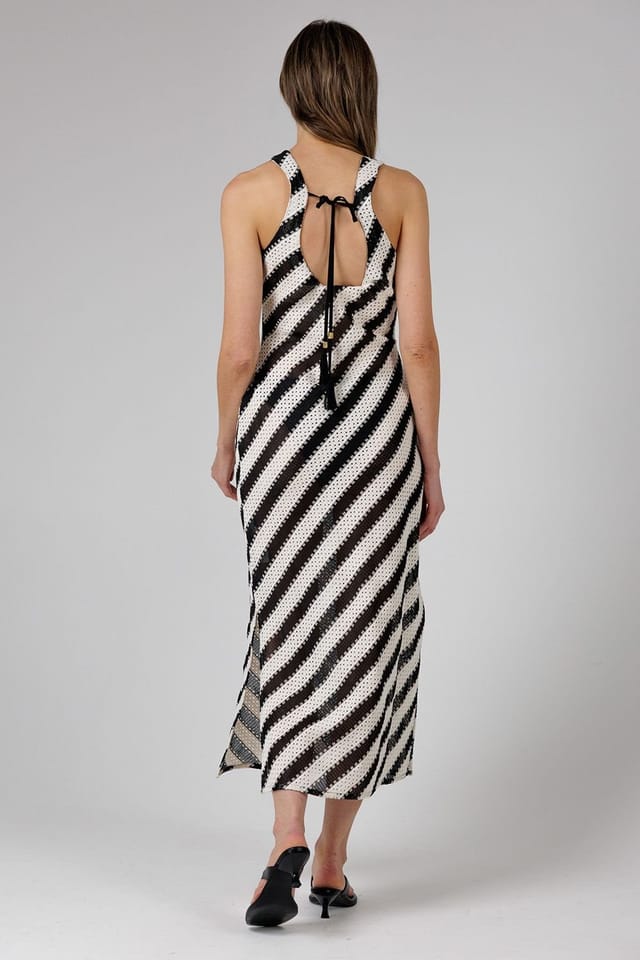 French Connection French Connection Women's Cotton Blend Stripe Crochet Scoop Neck Tie Back Midi Dress in Black - 2