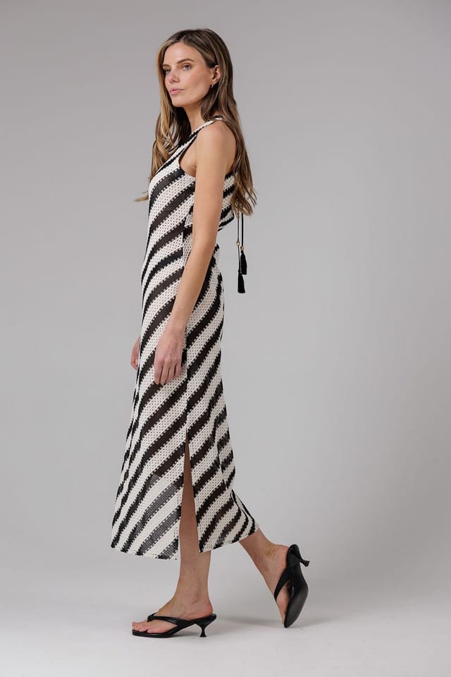 French Connection French Connection Women's Cotton Blend Stripe Crochet Scoop Neck Tie Back Midi Dress in Black - 3