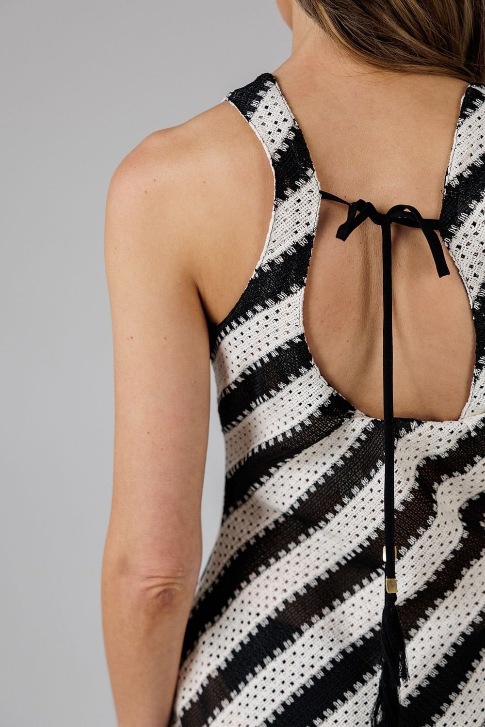 French Connection French Connection Women's Cotton Blend Stripe Crochet Scoop Neck Tie Back Midi Dress in Black - 4