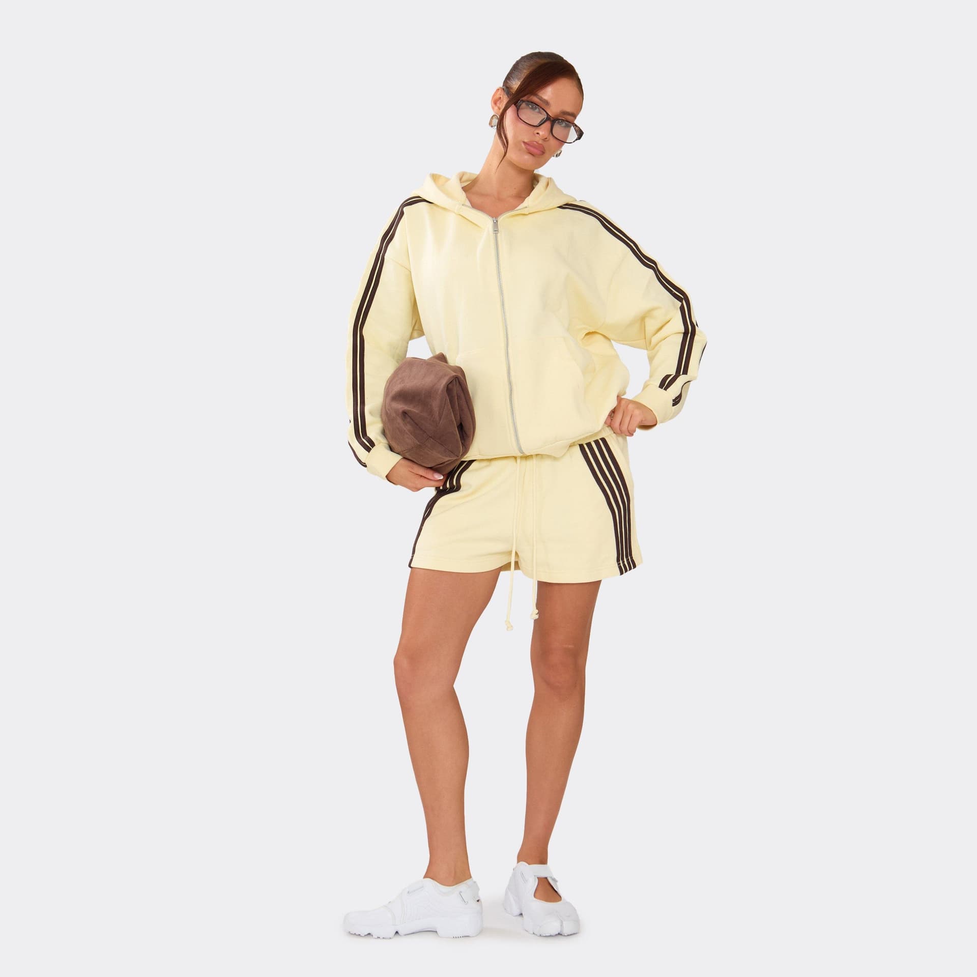 EGO Tie Waist Heavyweight Side Stripe Sweat Shorts In Yellow, Women's Size UK 6