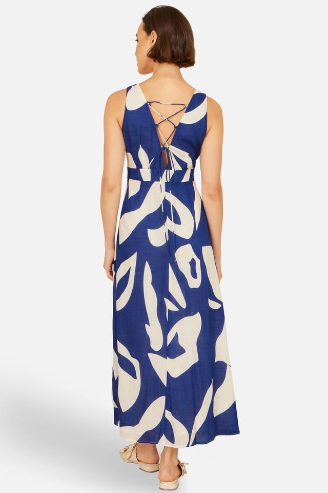 Yumi Yumi Women's Cotton Abstract Print Maxi Dress With Tie Back in Mid Navy - 3