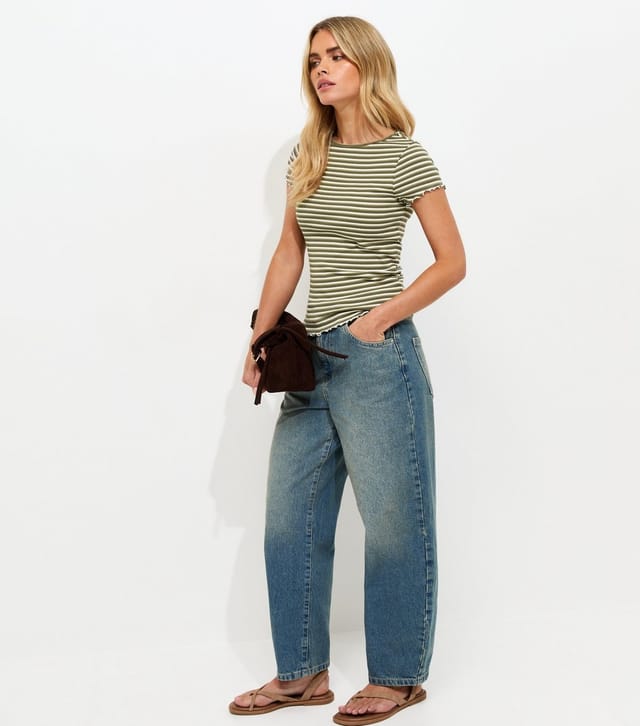 New Look Women's Petite Green Babylock Striped Lettuce Trim T-Shirt New Look - 3