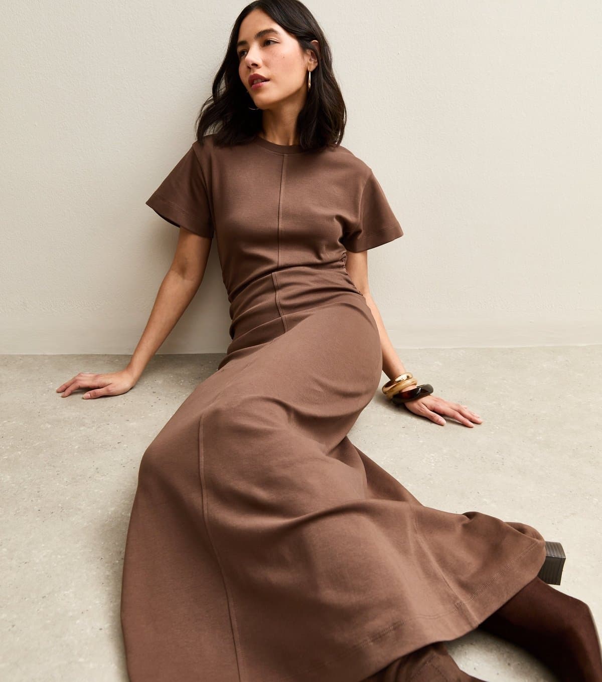 New Look Women's Brown Shirred Side Jersey Midi Dress New Look