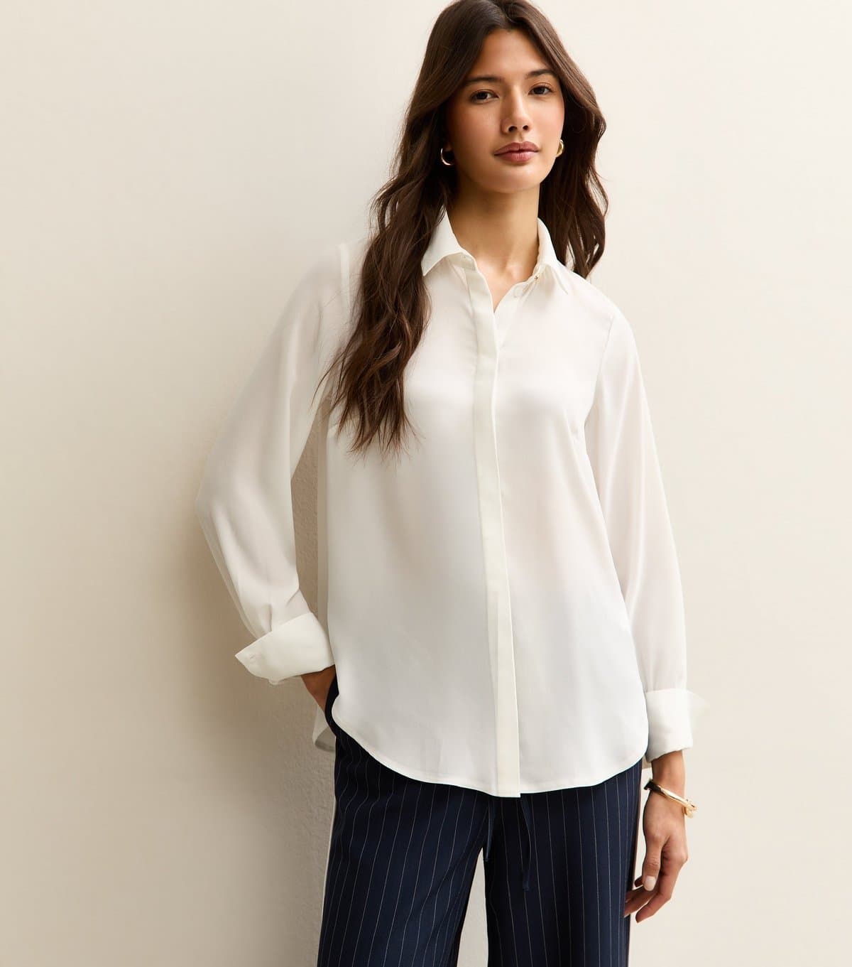 New Look New Look White Concealed Button Long-Sleeve Shirt
