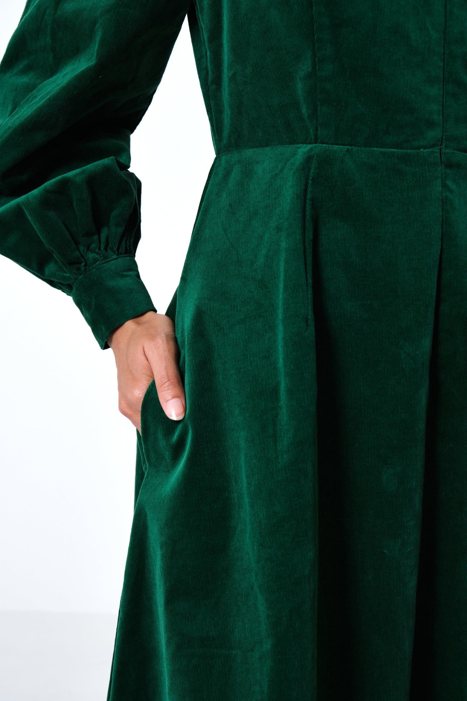 Louche Louche Women's Alva Babycord Long Sleeve Midi Dress - Dark Green - 3