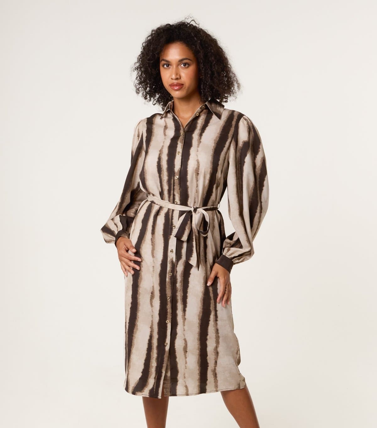 Blue Vanilla Women's Light Brown Belted Tie Dye Shirt Dress Blue Vanilla New Look