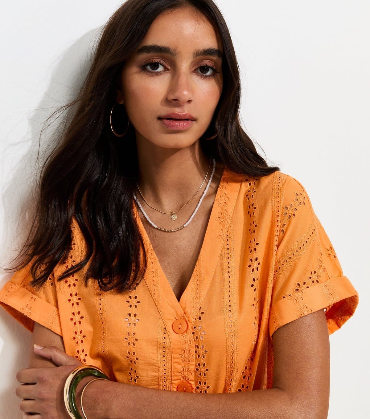 New Look New Look Bright Orange Cotton Broderie Anglaise Button Through