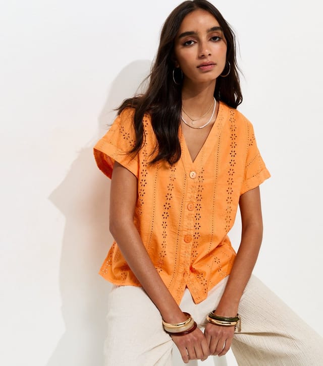 New Look Women's Bright Orange Cotton Broderie Anglaise Button Through Top New Look - 2