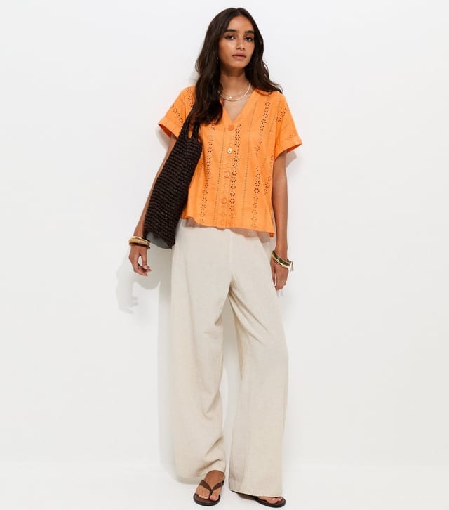 New Look Women's Bright Orange Cotton Broderie Anglaise Button Through Top New Look - 3