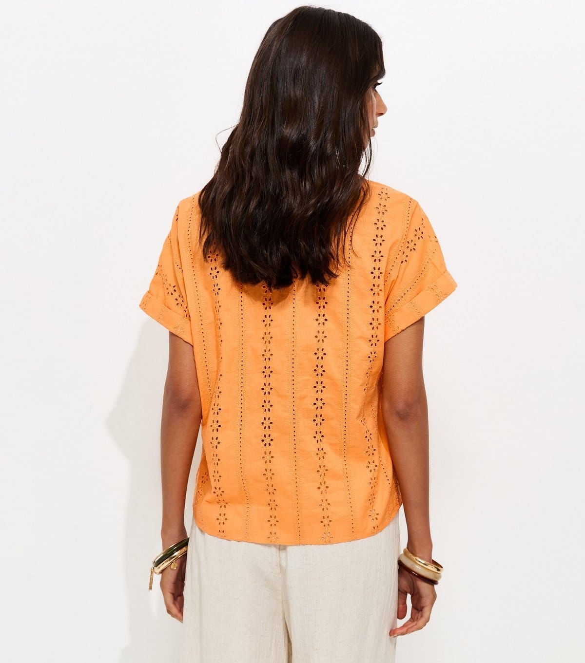 New Look Women's Bright Orange Cotton Broderie Anglaise Button Through Top New Look - 4
