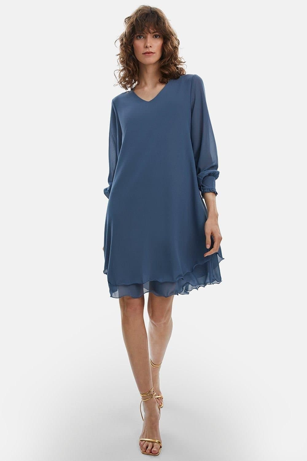 James Lakeland James Lakeland Women's Long Sleeve Navy Wave Hem Dress in Light Blue