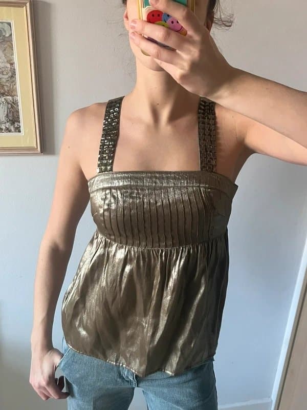 Topshop Y2K embelished khaki silver baby doll empire line blouse