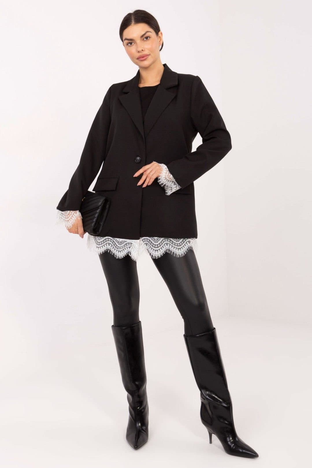 Love Lace Love Lace Women's Elegant Lace Trim Blazer with Padded Shoulders Style 222185 in Black