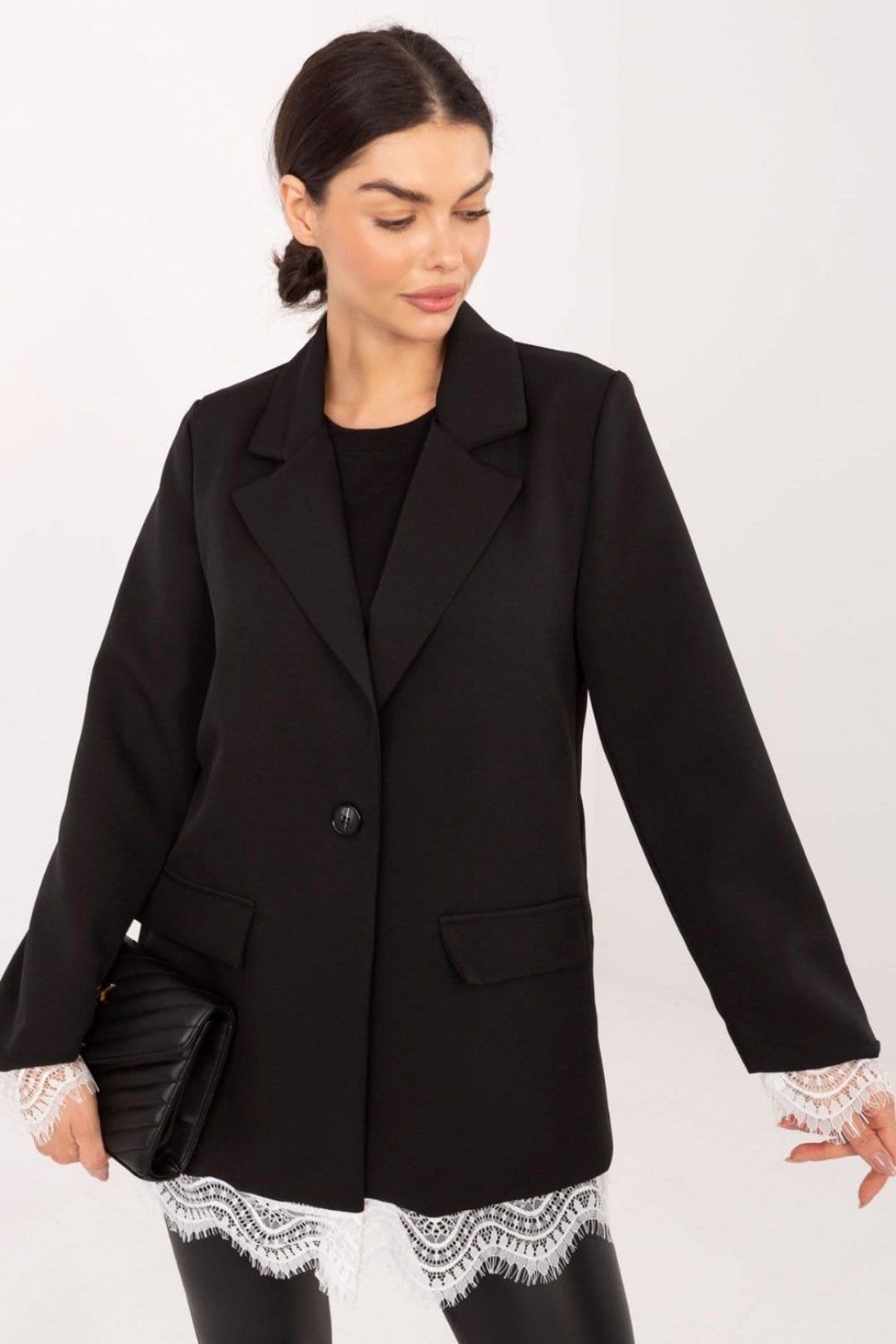 Love Lace Love Lace Women's Elegant Lace Trim Blazer with Padded Shoulders Style 222185 in Black - 4