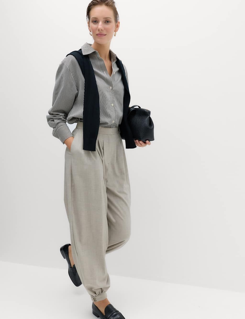 Marks & Spencer M&S Checked Pleated Hem Balloon Trousers Light Grey