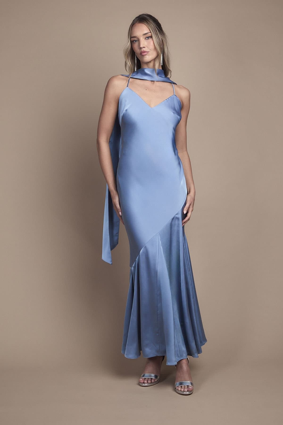Oasis Oasis Women's Satin Scarf Detail Strappy Maxi Bridesmaid Dress in Dusty Blue