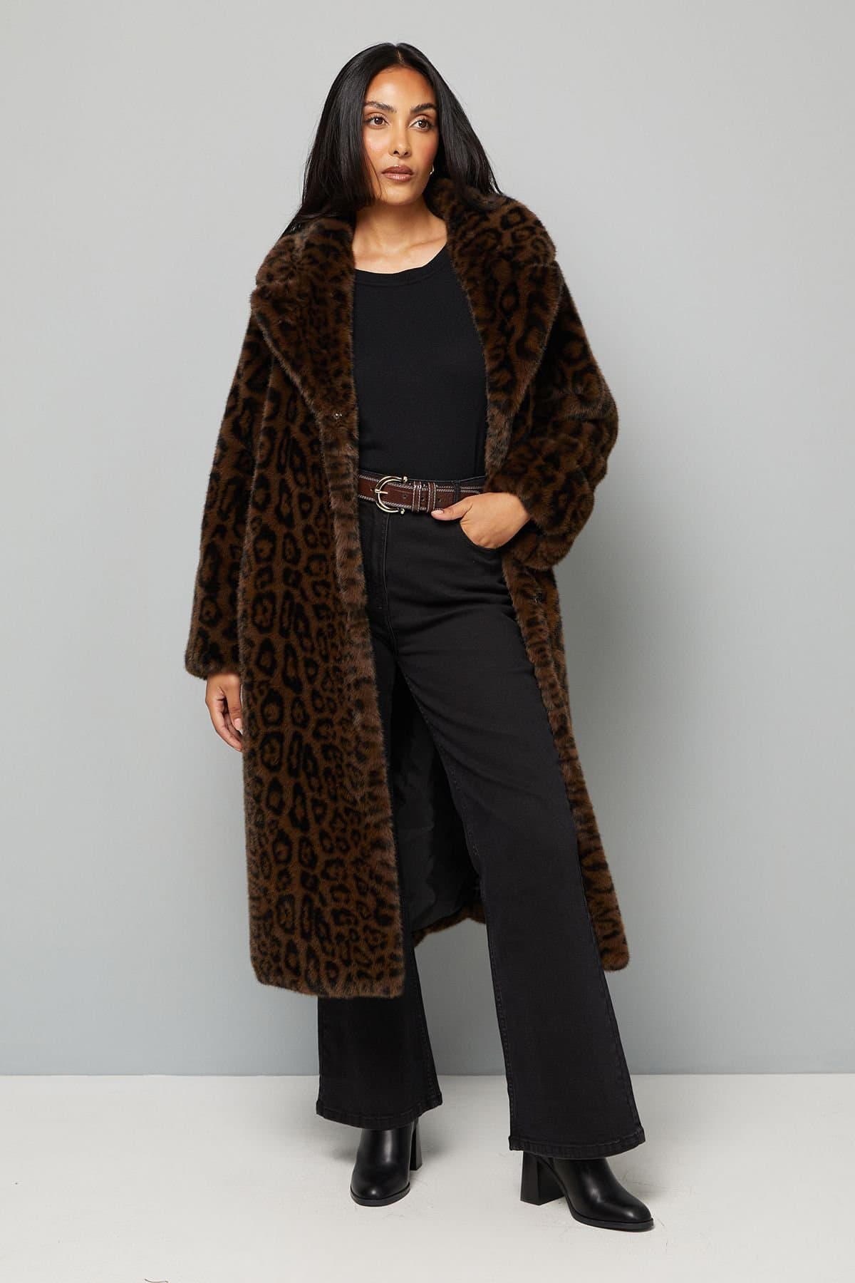Wallis Wallis Women's Petite Leopard Faux Fur Coat