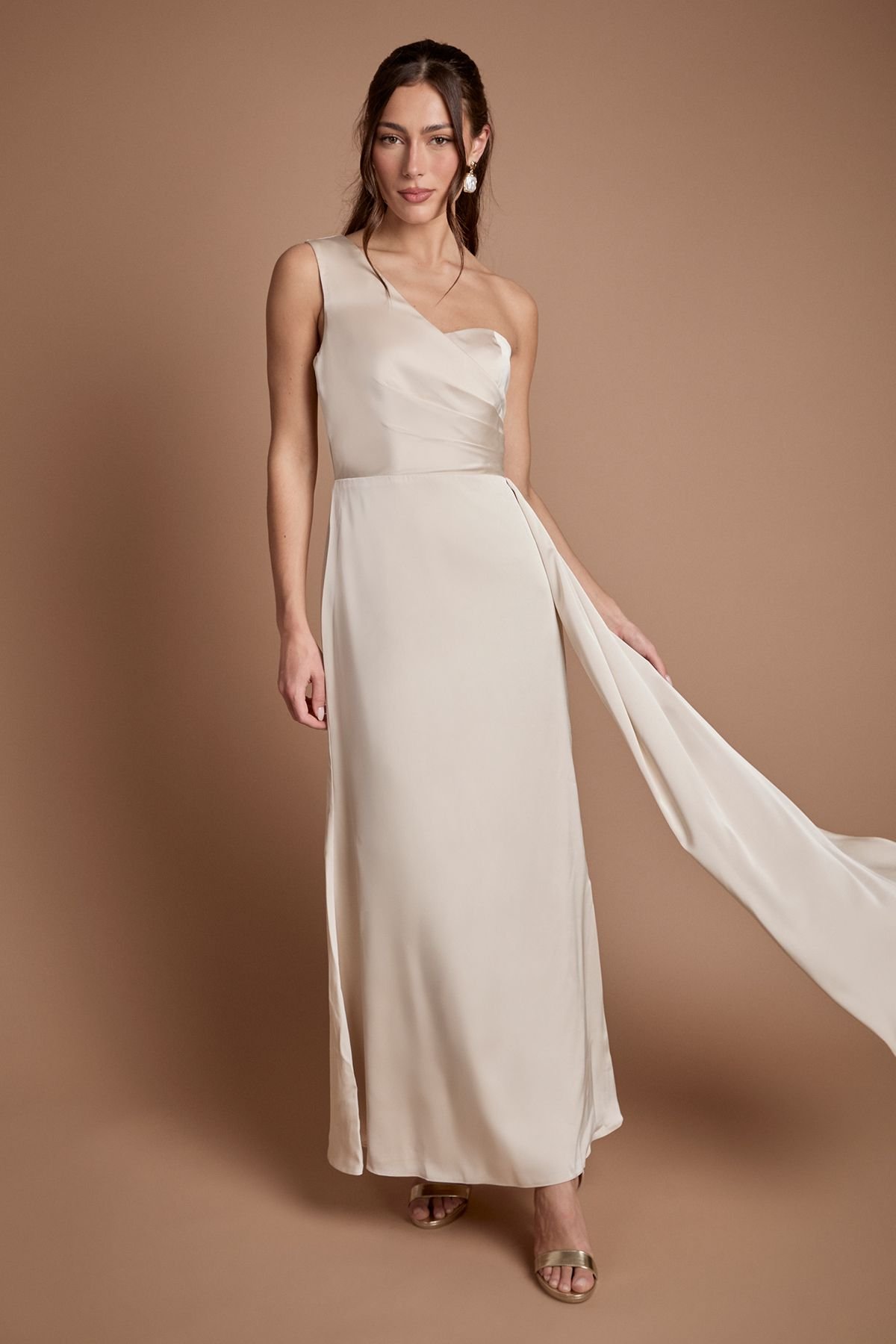Coast Coast Women's One Shoulder Wrap Bodice Maxi Bridesmaid Dress in Champagne - 4