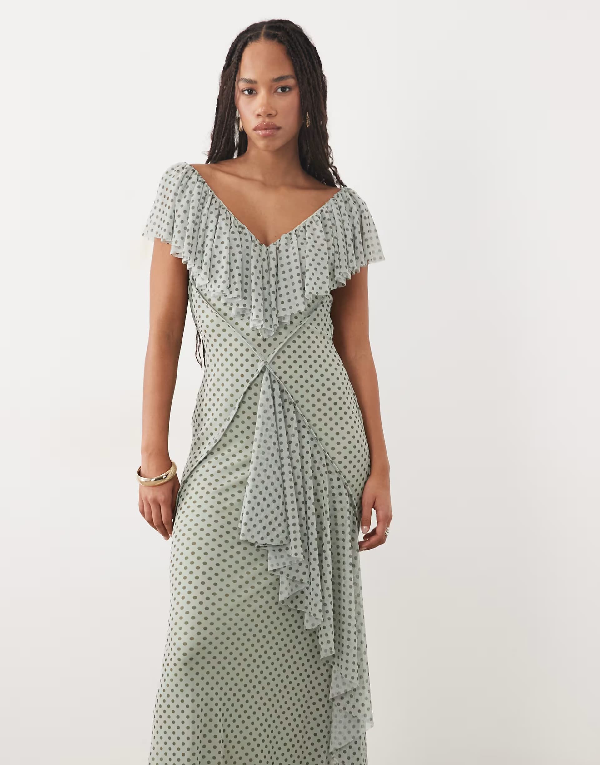 ASOS ASOS DESIGN printed mesh ruffle maxi dress with open back in blue and brown polka dot