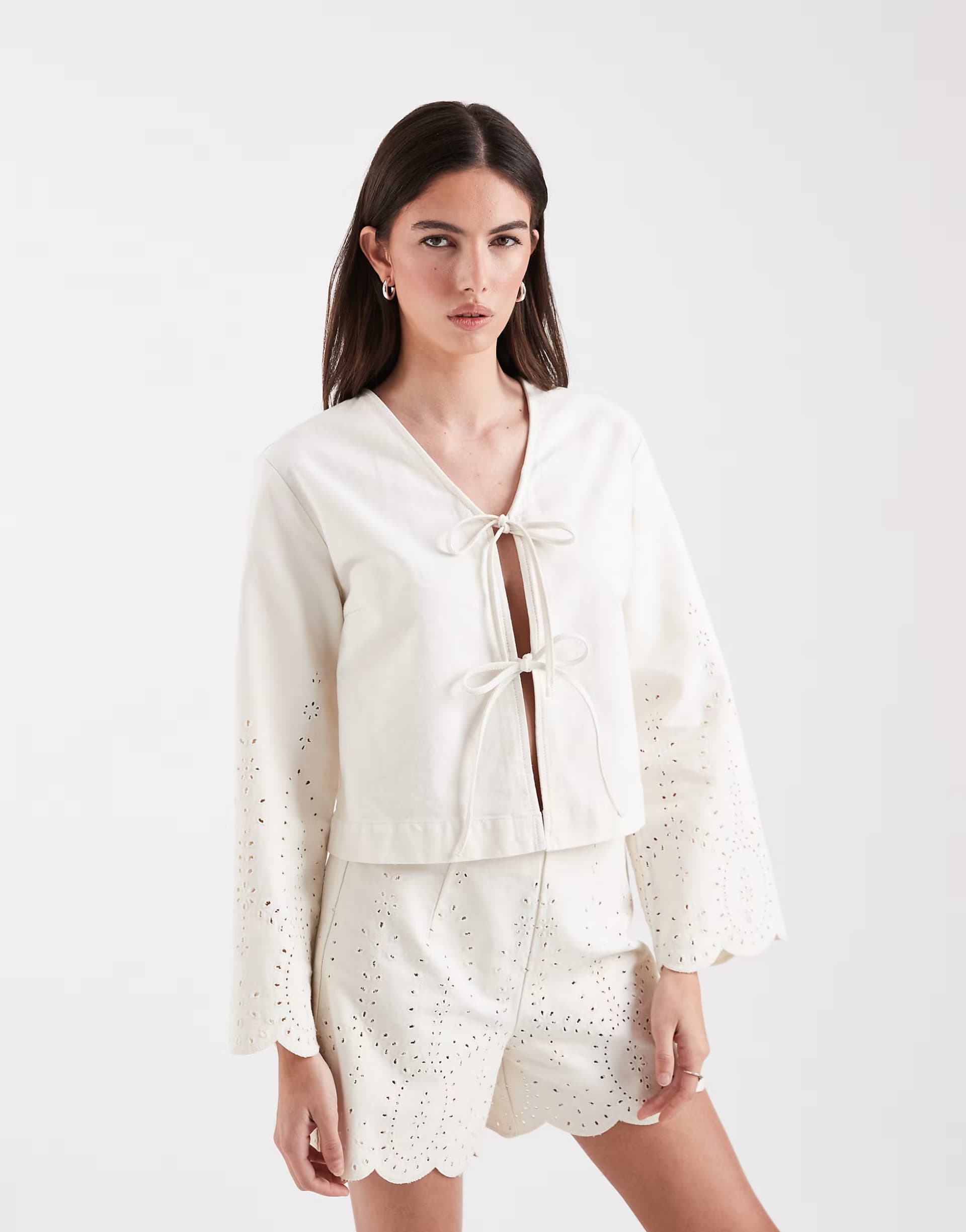 ASOS ONLY tie front denim jacket co-ord with crochet detail in ecru