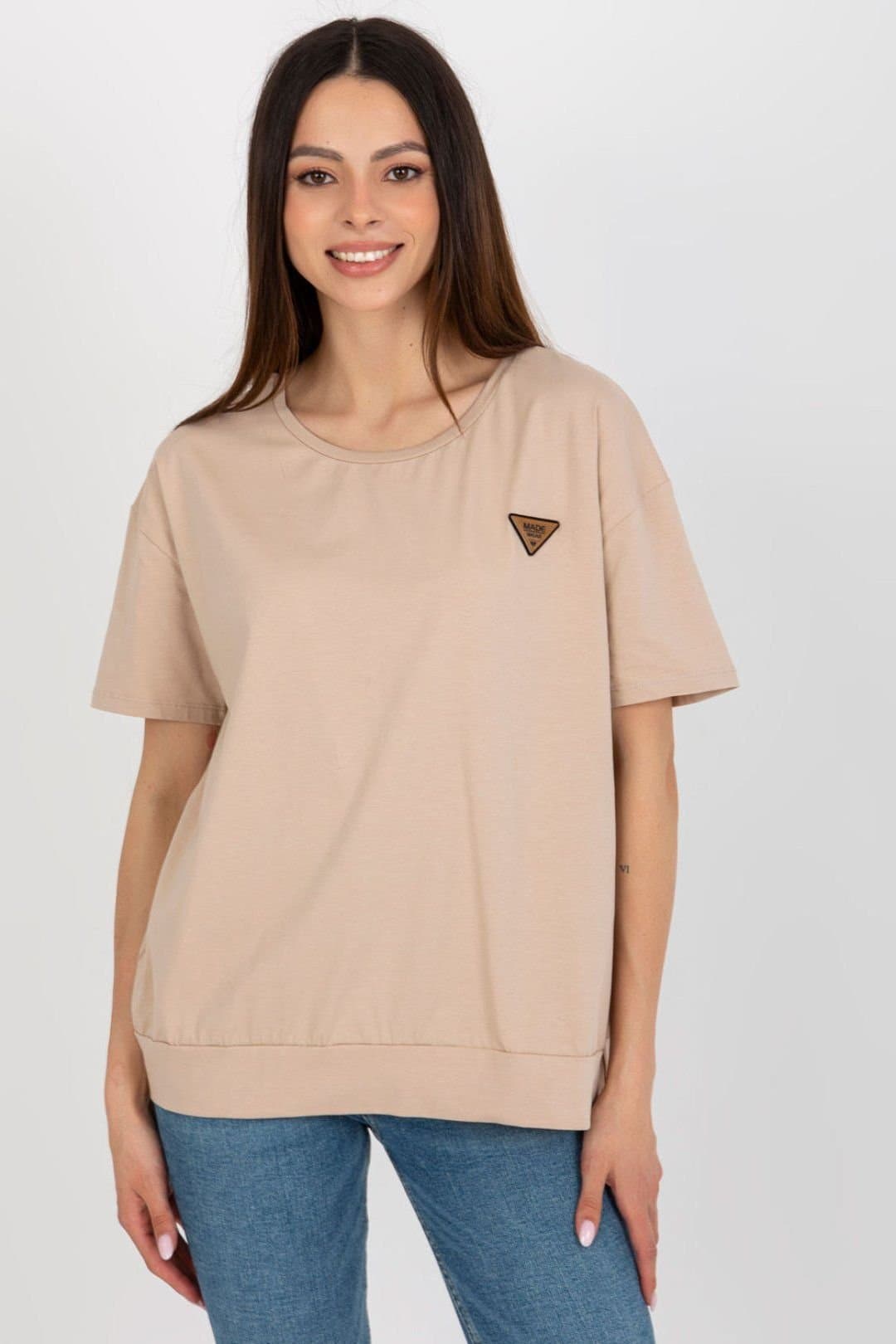 Love Lace Love Lace Women's Short Sleeve Round Neck Blouse with Patch Style 180967 in Beige