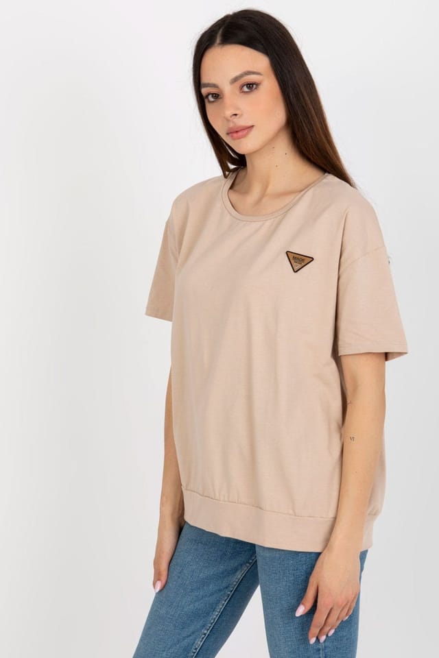 Love Lace Love Lace Women's Short Sleeve Round Neck Blouse with Patch Style 180967 in Beige - 2
