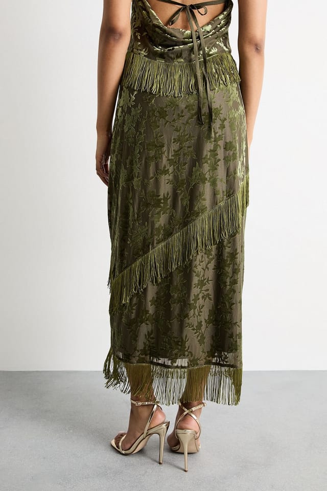 Warehouse Warehouse Women's Devore Fringe Detail Midi Skirt in Khaki - 3