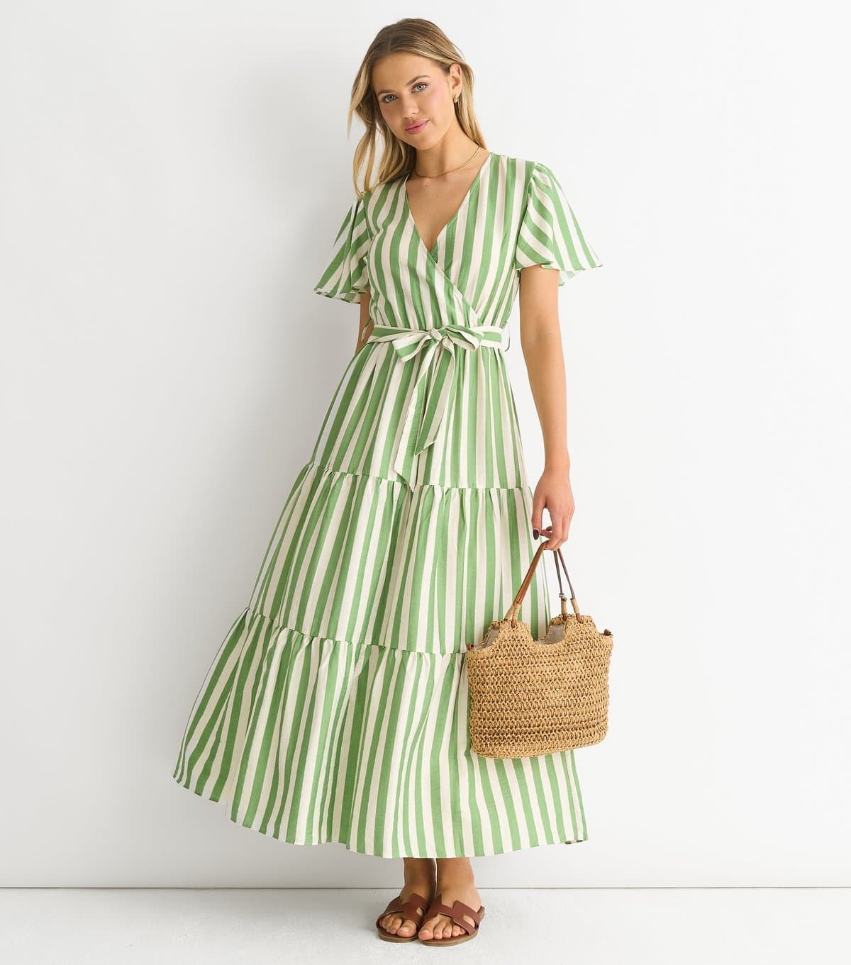 Gini London Women's Green Striped Wrap Midi Dress Gini London New Look