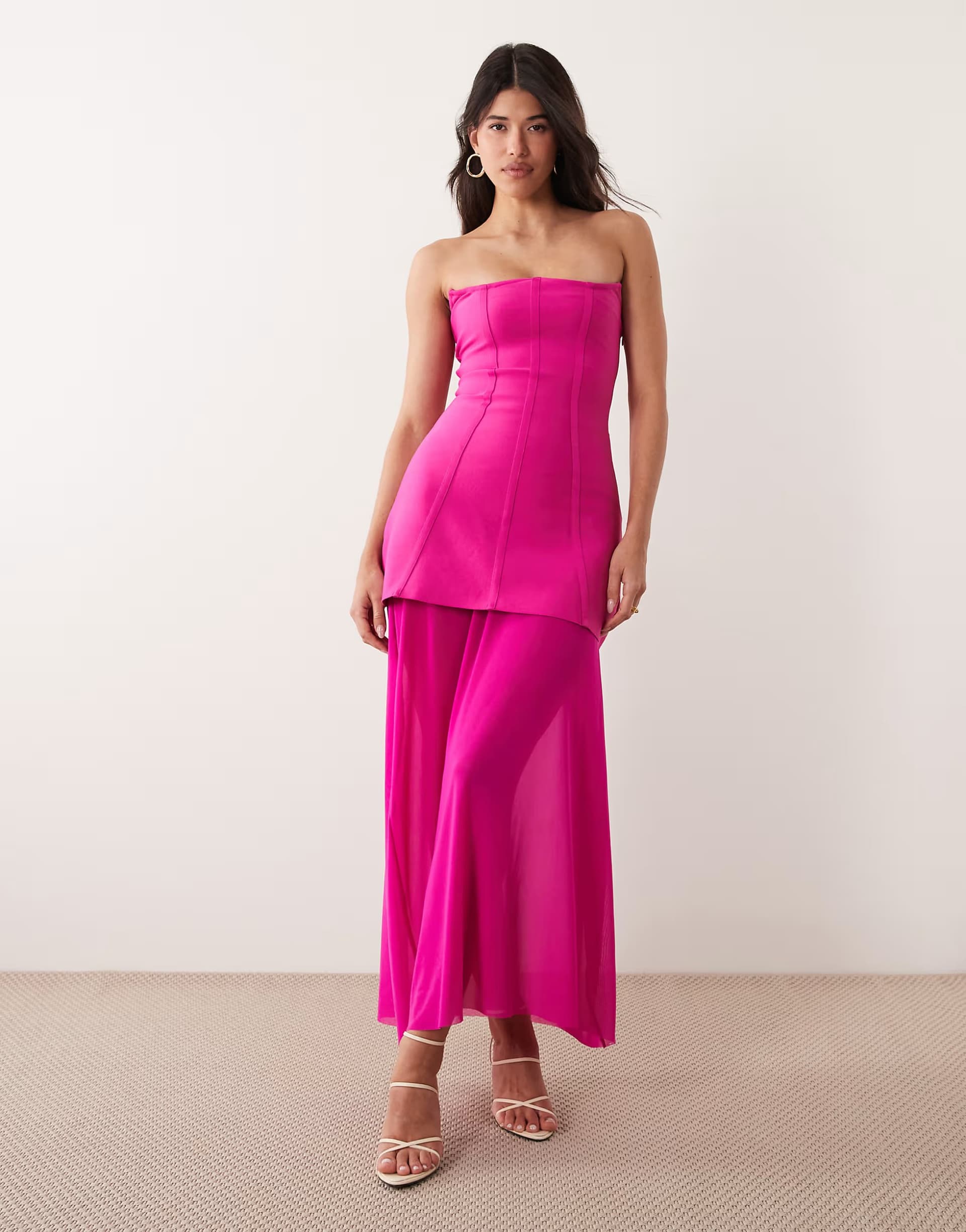 ASOS Kaiia exclusive 00s sculpting bandage bandeau sheer hem maxi dress in dragonfruit