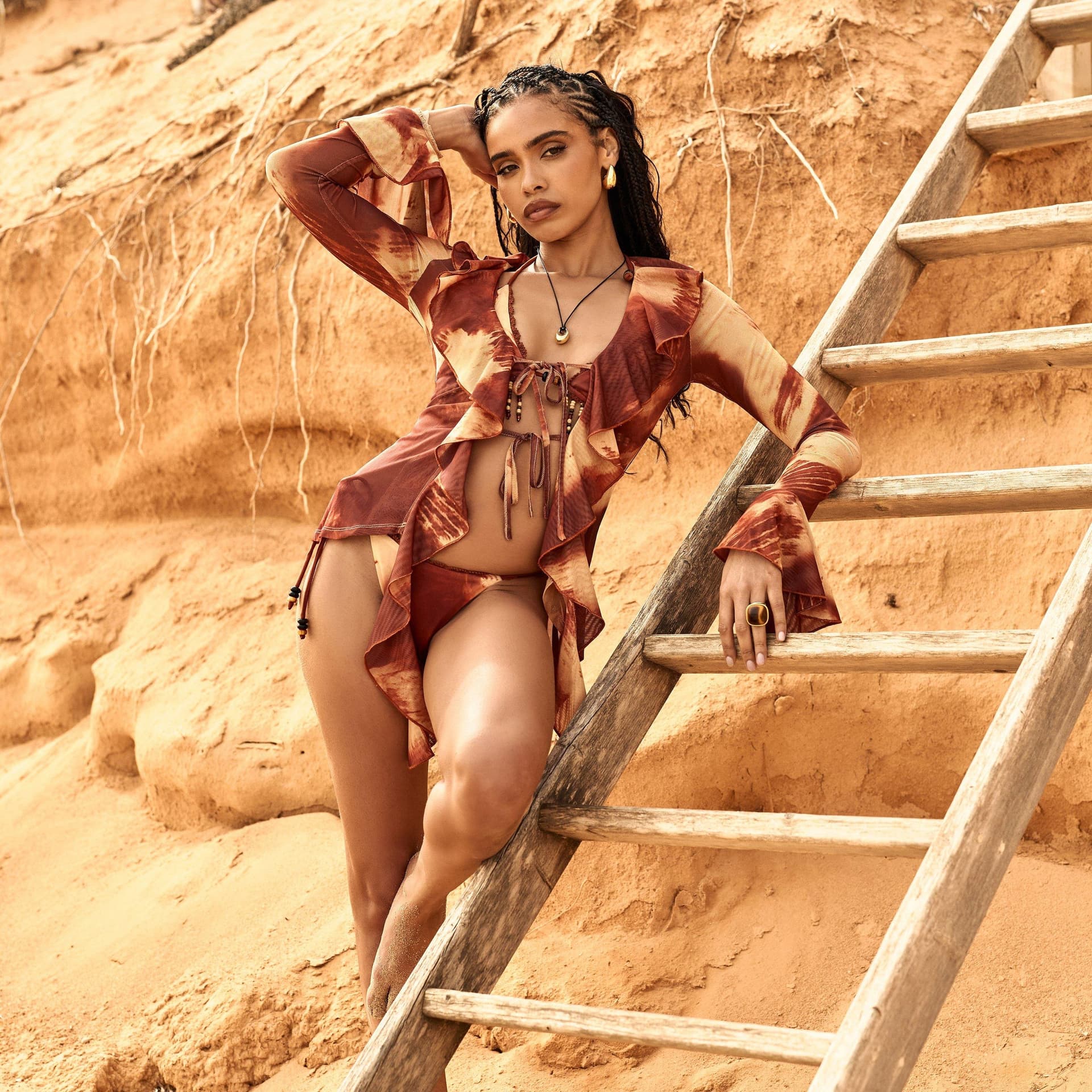 EGO Long Sleeve Tie Front Frilled Beach Top In Rust Abstract Print, Women's Size UK 6